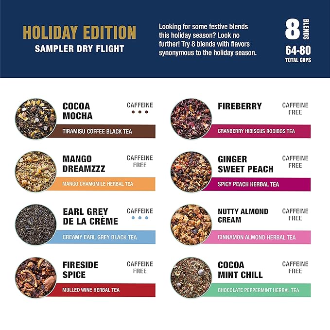 Tiesta Tea - Holiday Tea Sampler Dry Flight Set, Loose Leaf, High to No Caffeine Hot & Iced