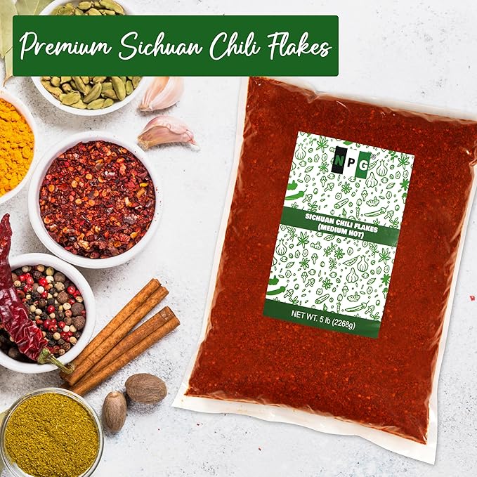 NPG Authentic Sichuan Chili Flakes 5 LB Bulk, Medium Hot, Szechuan Crushed Red Pepper Flakes Bulk