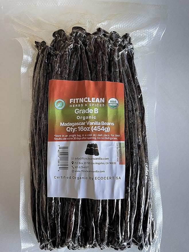 1 Lb Organic Madagascar Vanilla Beans Grade B. Certified USDA Organic 6"-7" by FITNCLEAN VANILLA.