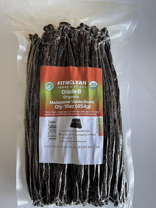 1 Lb Organic Madagascar Vanilla Beans Grade B. Certified USDA Organic 6"-7" by FITNCLEAN VANILLA.