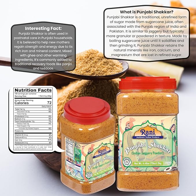 Rani Punjabi Shakkar (Gur Jaggery Powder) Indian Unrefined Raw Cane Sugar 70oz (4.4lbs) 2kg PET Jar