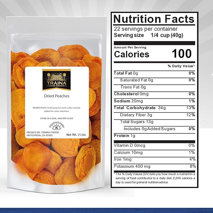 Traina Home Grown California Extra Fancy Sun Dried Peach Halves - Healthy, No Sugar Added, Non GMO