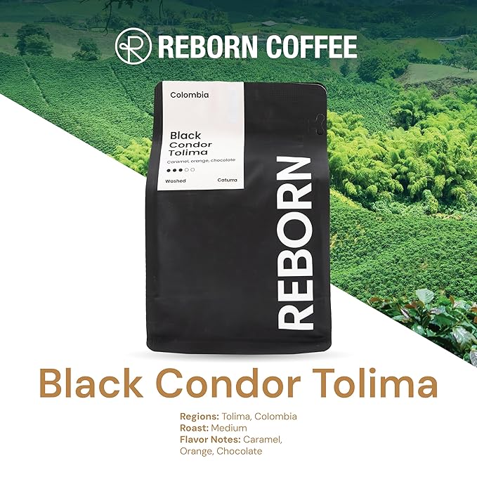 Reborn Coffee Specialty Whole Bean Coffee, Medium Roast, 12 Ounce, Colombia Black Condor Tolima