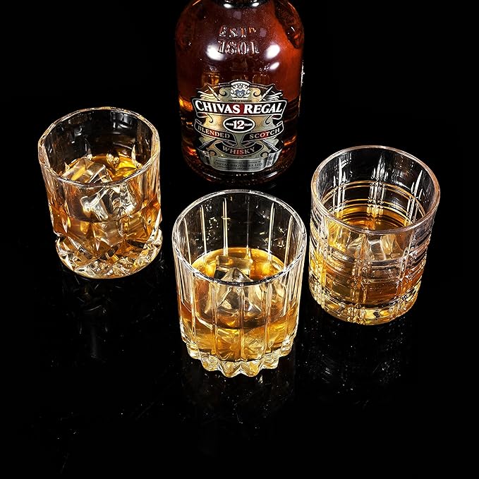KANARS Whiskey Glasses Mixed, 10 Oz Scotch Glasses Set of 6, Rock Bar Tumblers 3 Patterns in Luxury