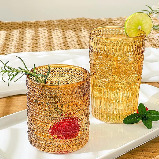 Kate Aspen Vintage Textured Amber Striped Drinking Glasses Set of 6-13 oz Ribbed Glassware with