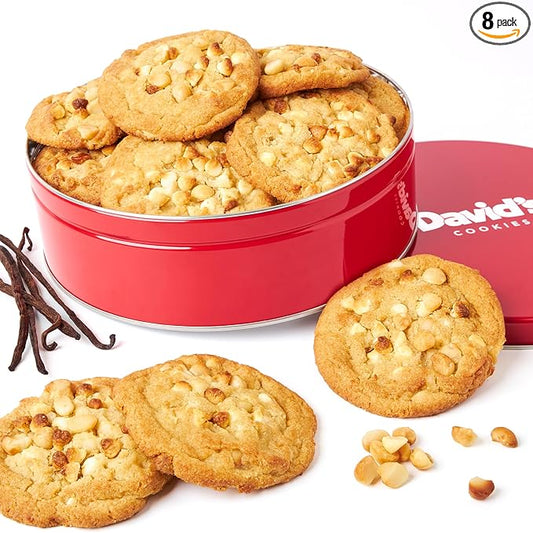 David's Cookies Fresh Baked Decadent Jumbo Vanilla Chip Macadamia Nut Cookies – 2lb Gift Basket Tin