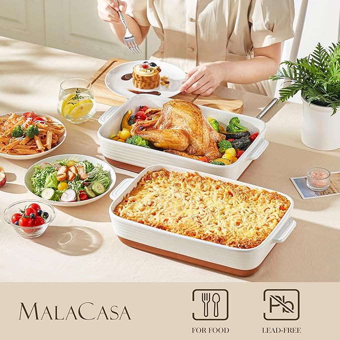 MALACASA Baking Dish 4.8 Qt Ceramic Casserole & Lasagna Pan, 9x13 Inch Deep Rectangular Oven Safe