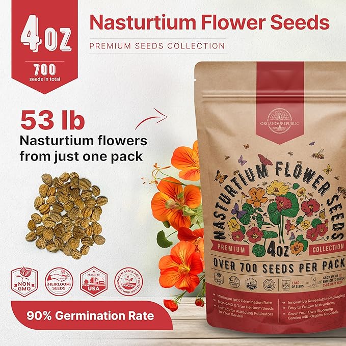 Nasturtium Seeds Pack 4 oz - Over 700 Non-GMO Heirloom Nasturtium Seeds for Planting, Edible