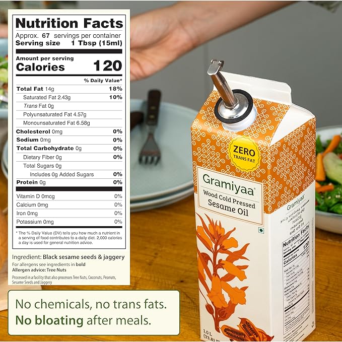 Gramiyaa Cold Pressed Non Toasted Sesame Oil for Cooking | 33.81 FL OZ (1L) | 100% Raw, Chemical