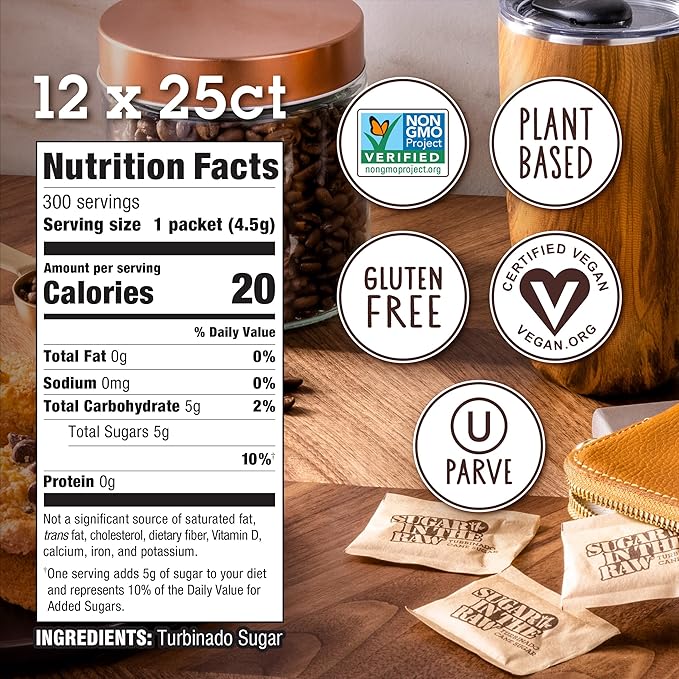 Sugar In The Raw Turbinado Cane Sugar Packets, 25 Ct Box, 12 Pack, Pure, All-Natural Turbinado