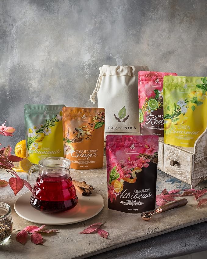 Gardenika Loose Leaf Tea Set, Herbal Caffeine-Free Set - Rooibos, Spearmint, Chamomile, Hibiscus