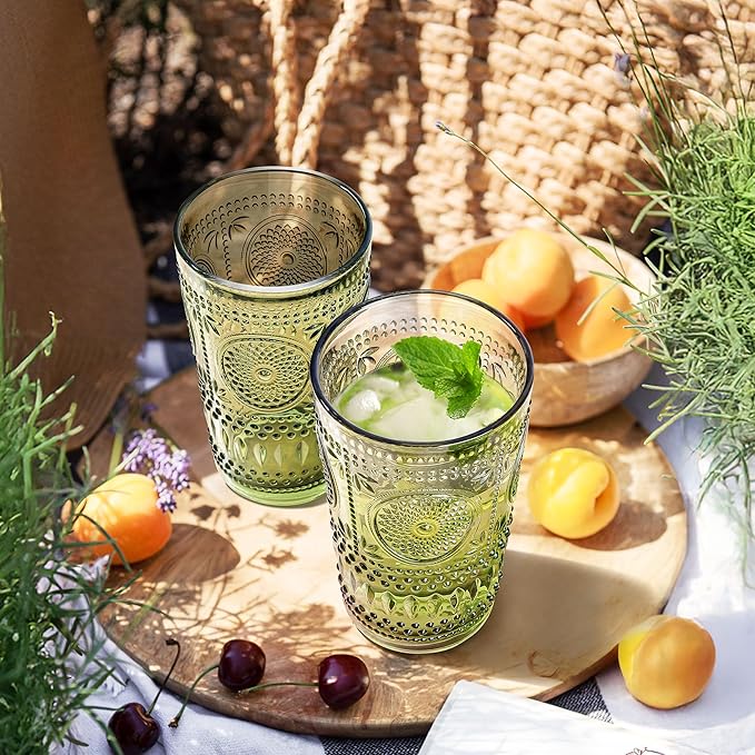 Joeyan Green Vintage Drinking Glasses,Embossed Boho Sunflower Highball Water Glass Tumbler,14 oz