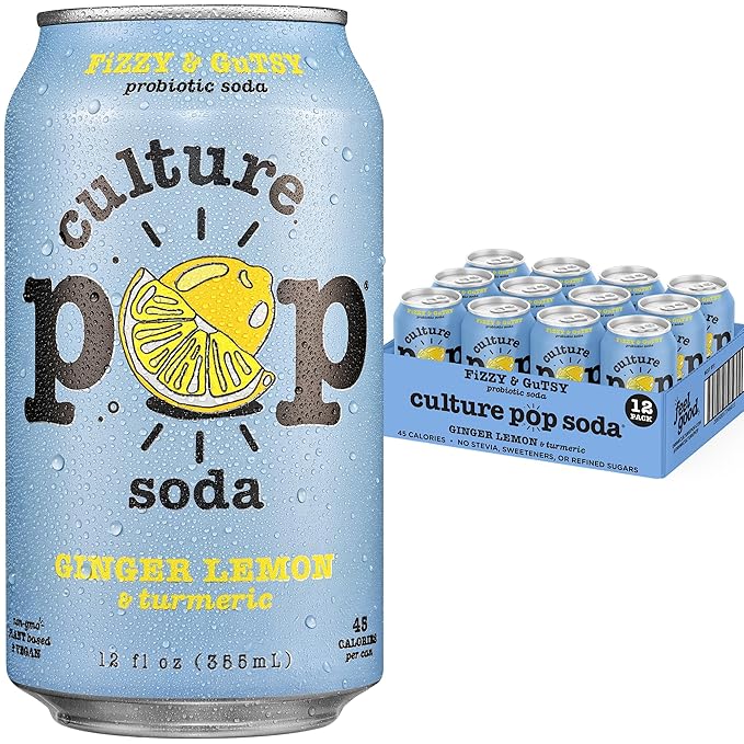 Culture Pop Soda, Ginger Lemon & Turmeric, Probiotic Low Sugar Soda, Sparkling Juice Alternative