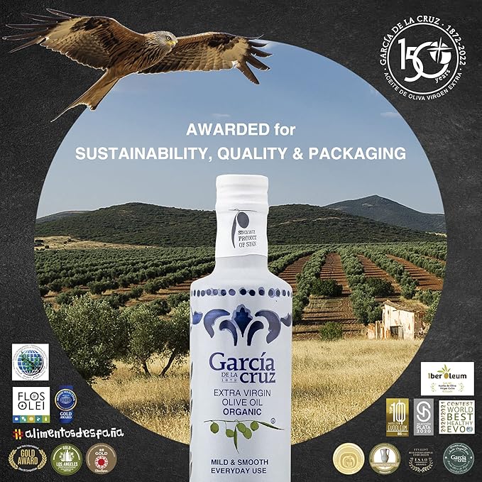 Organic Extra Virgin Olive Oil by Garcia de la Cruz, Mild Smooth Flavor for Everyday Use, Spanish