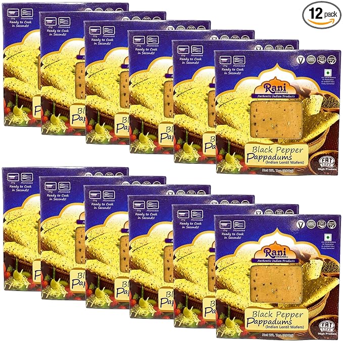 Rani Pappadums (Indian Lentil Wafer Snack) Black Pepper Papad 7oz (200g) Approximately 15pc, 7