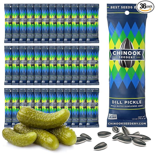Chinook Seedery Roasted Sunflower Seeds to Eat - 1.5 oz (Pack of 36) Dill Pickle - Jumbo Low Sodium