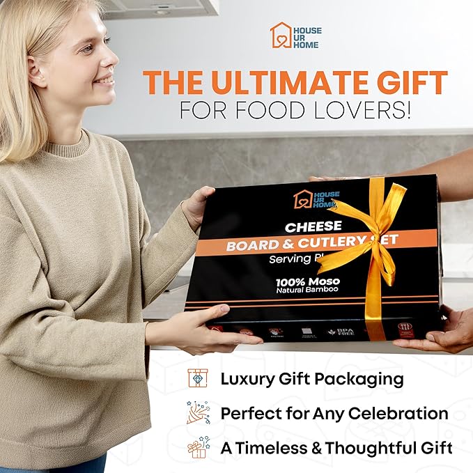 Bamboo Charcuterie Boards Gift Set with Leather Handles, Knife Set, Wine Opener, Ceramic Bowls &