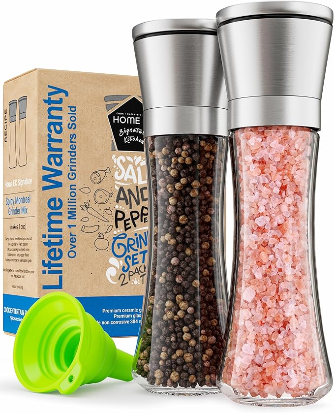 Home EC Premium Stainless Steel Sea Salt and Pepper Grinder Set of 2 - Adjustable Ceramic - Tall