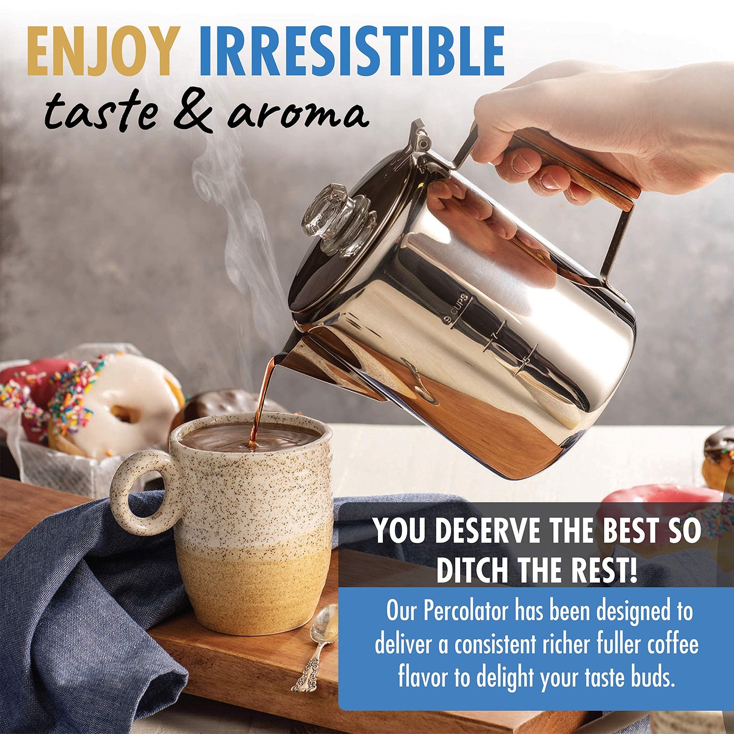 Eurolux Percolator Coffee Maker Pot - 12 Cups | Durable Stainless Steel Material | Brew Coffee On