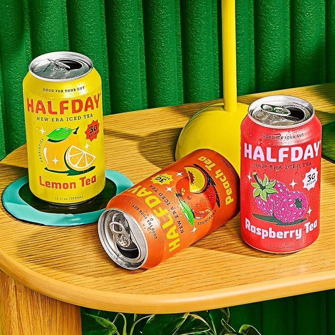 HALFDAY Prebiotic Iced Tea Lemon, Peach & Raspberry Variety Pack, Supports Digestive & Gut Health