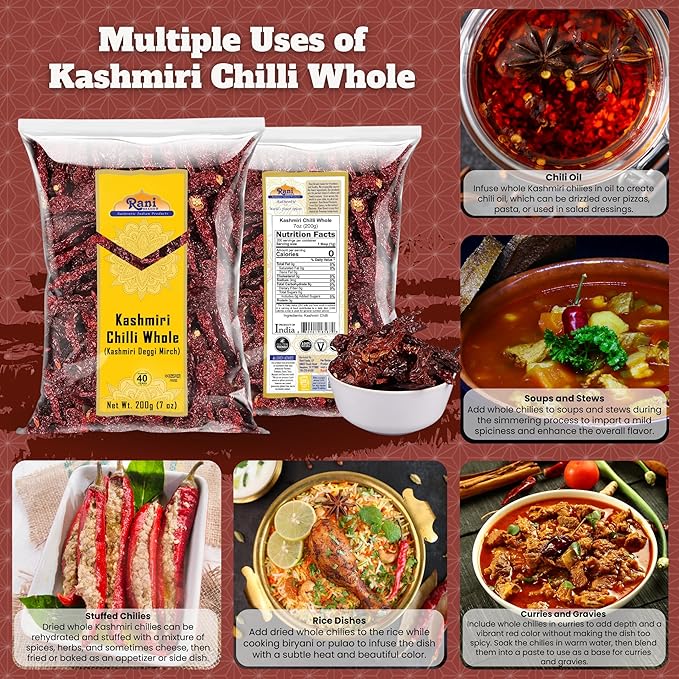 Rani Kashmiri Chilli Whole (Deggi Mirch, Low Heat) 7oz (200g) ~ Natural | Salt-Free | Vegan | No