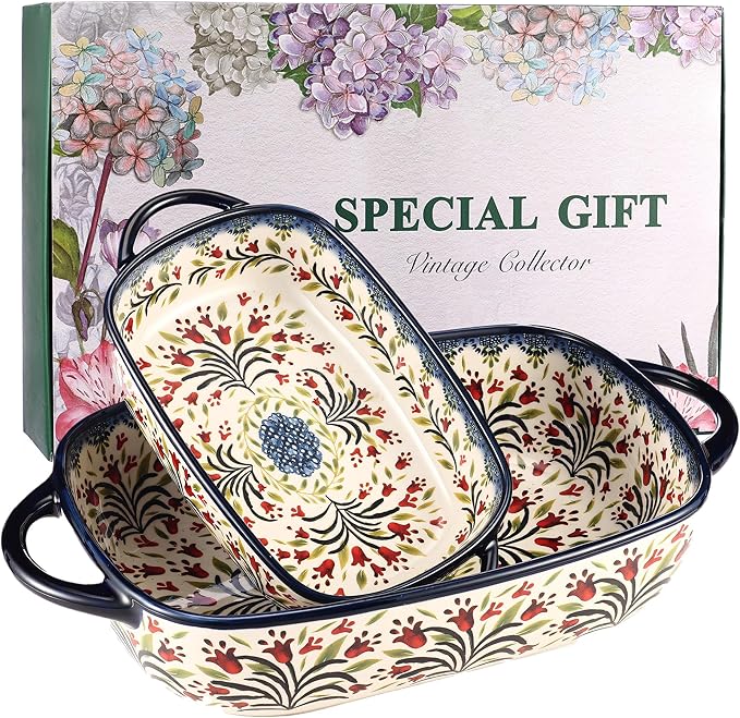 Ceramic Baking Dish Set of 2 ??Decorative Polish Pottery Style Casserole Dishes with Handles, Cute