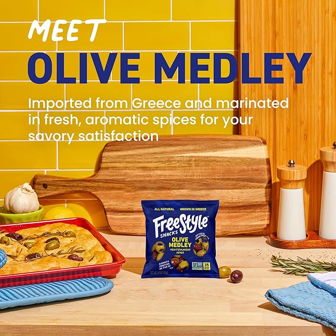 Freestyle Snacks Olive Medley Snack Packs - Single Serve - Fresh Pitted Olives, Jumbo-Sized, Grown