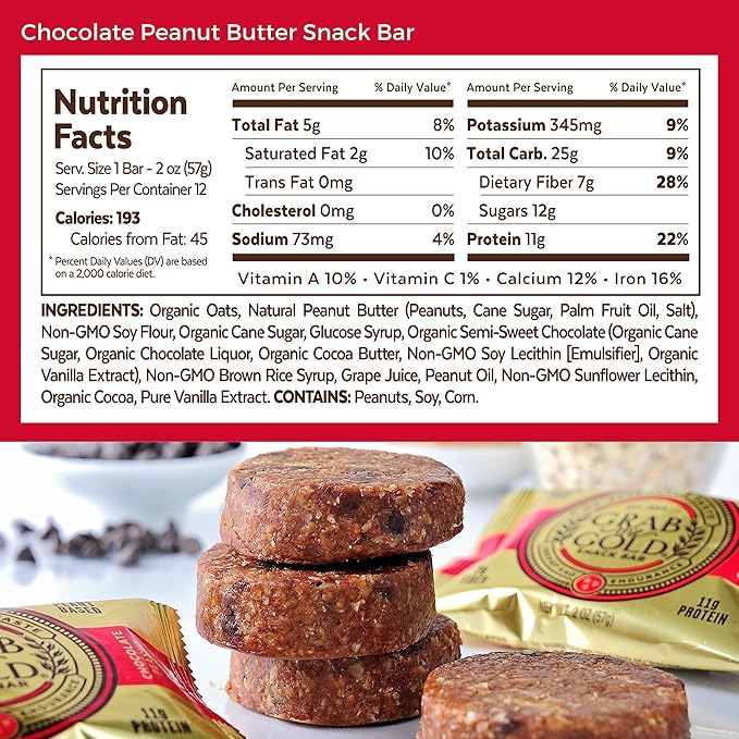 Snack Bars by Grab The Gold - Organic, Gluten Free, Vegan, Kosher, & Dairy Free - 11g of Protein