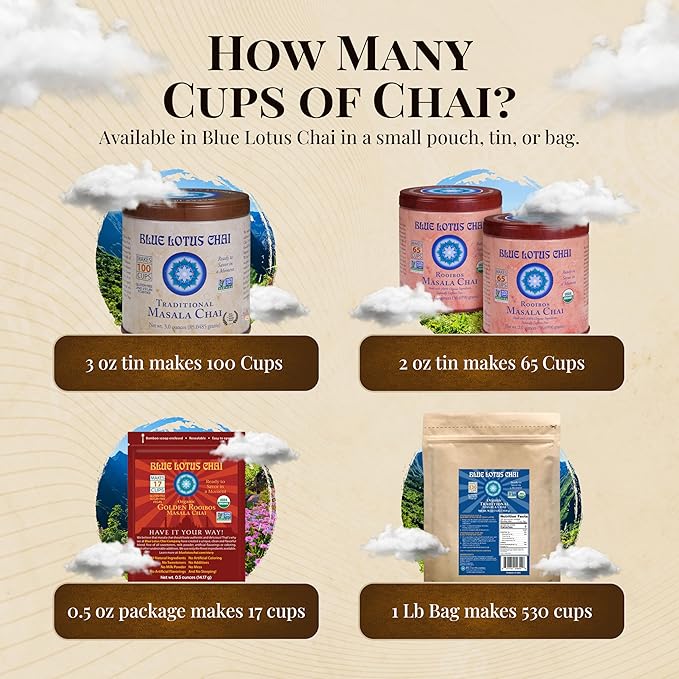 Blue Lotus Chai - Fully Organic Traditional Masala Chai - Makes 530 Cups - 1 Pound Bulk Bag Masala