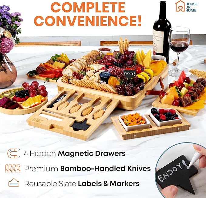 Large Bamboo Charcuterie Boards Gift Set with 4 Hidden Drawers, Cheese Knives, Ceramic Bowls &
