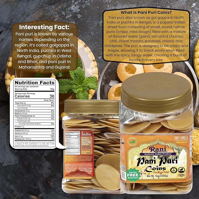 Rani Pani Puri Coins (Uncooked, Microwaveable Wheat Semolina Coins) 14oz (400g) w/Pani Puri Masala