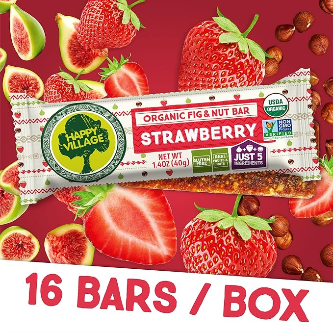 Happy Village Organic Fruit & Nut Bars, STRAWBERRY | Gluten Free, No Refined Sugar, Kosher