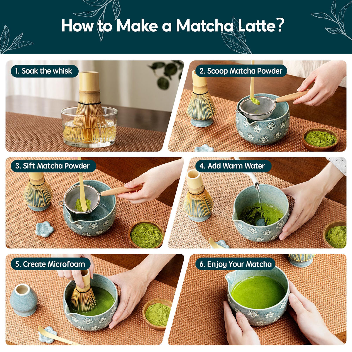 Veraelle Matcha Whisk Set, Ceramic Matcha Set, 6 Pcs Matcha Kit Includes Matcha Bowl, Matcha Whisk