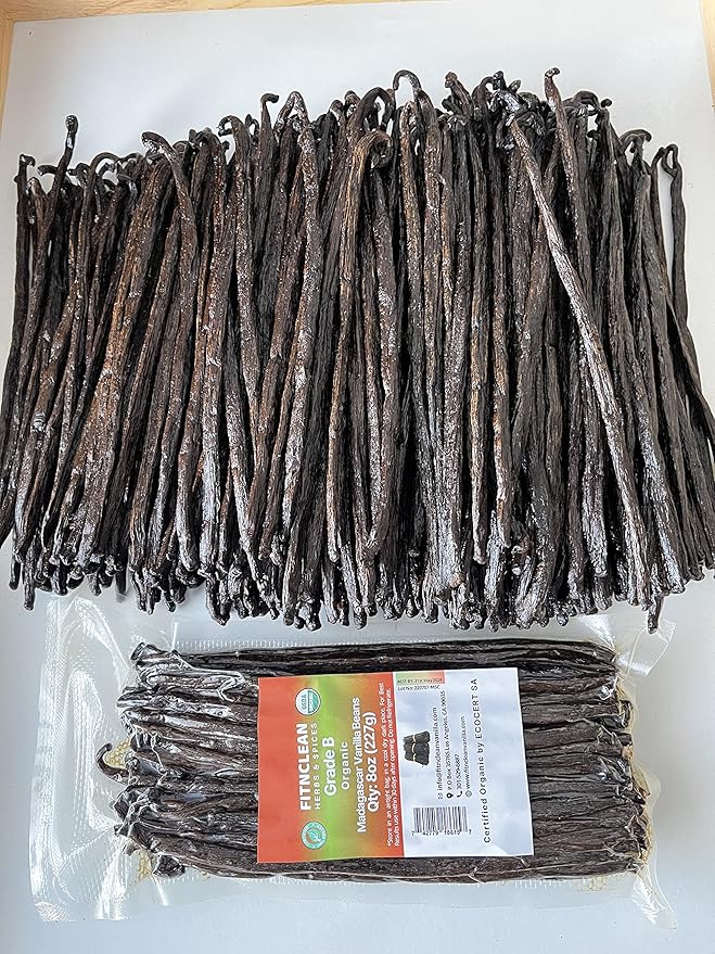 8oz Organic Madagascar Vanilla Beans Grade B for Extract. Certified USDA Organic. 5"-7" by