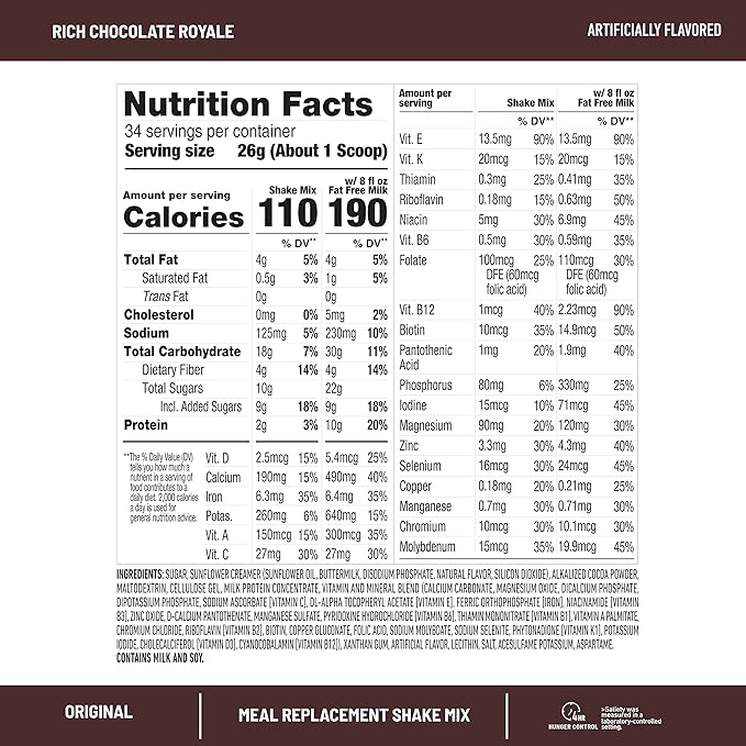 SlimFast Original Meal Replacement Powder, Rich Chocolate Royale, Weight Loss Shake Mix, 10g of