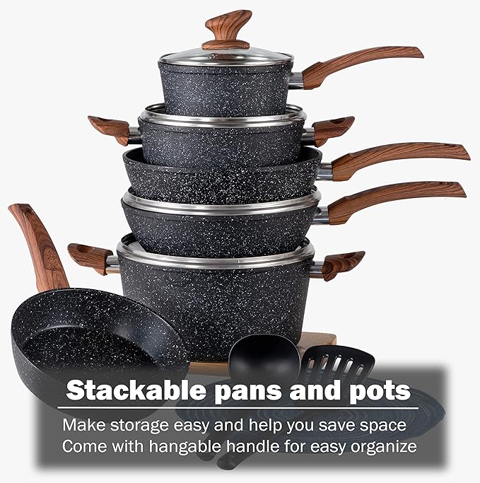 Kitchen Academy Induction Cookware Sets - 12 Piece Cooking Pan Set, Granite Black Nonstick Pots and