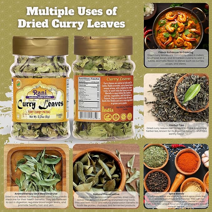 Rani Dried Curry Whole Leaves (Kari Neem Patha) Indian Spice 0.21oz (6g) PET Jar ~ Non-irradiated |