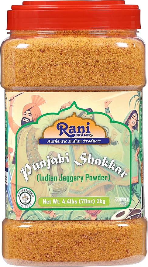 Rani Punjabi Shakkar (Gur Jaggery Powder) Indian Unrefined Raw Cane Sugar 70oz (4.4lbs) 2kg PET Jar