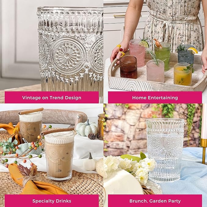 Kate Aspen Vintage Textured Clear Striped Drinking Glasses Set of 6, (13 oz) Ribbed Glassware Set