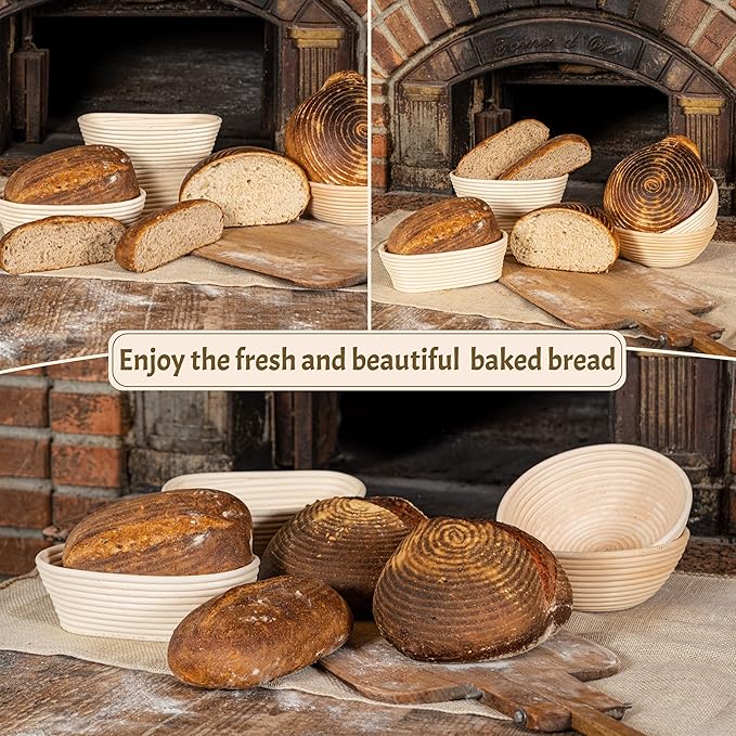 Sourdough Bread Baking Supplies Starter Kit, Banneton Proofing Basket Set: Round 9" & Oval 10"
