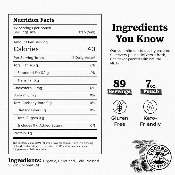 Coconut Essentials - Organic Coconut Oil for Coffee, Cold-Pressed, MCT Oil for Weight Loss, Brain &