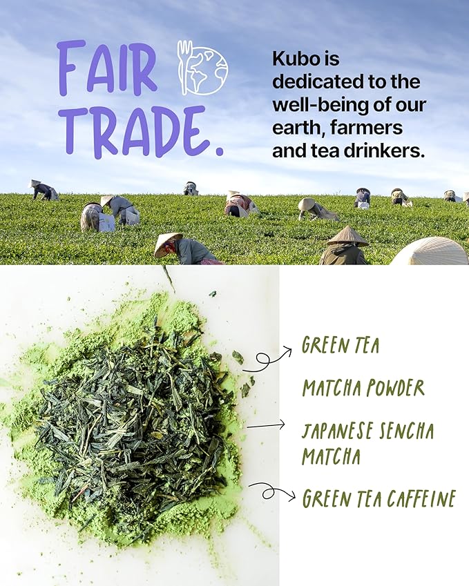 Kubo Tea Japanese Sencha Matcha Tea - Organic High Caffeine Energy Blend w/ Matcha Powder - 20