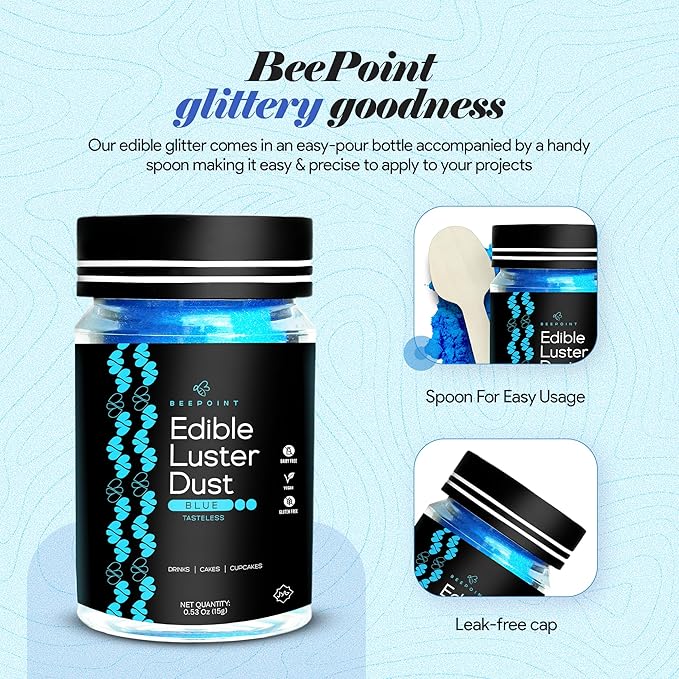 BeePoint Blue Edible Luster Dust 15g - Food Grade, Vibrant Color Shimmer Powdered Dust for Drinks
