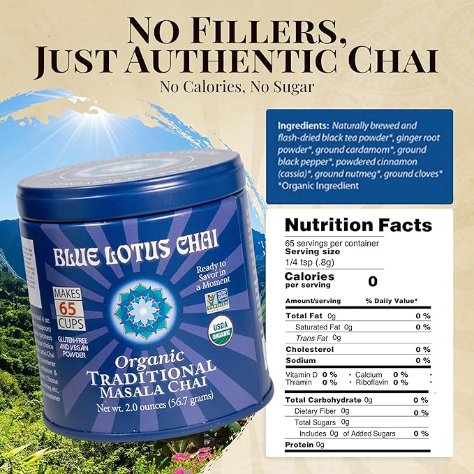 Blue Lotus Chai Tea - Fully Organic Traditional Masala Chai - Makes 65 Cups - 2 Ounce Masala Spiced