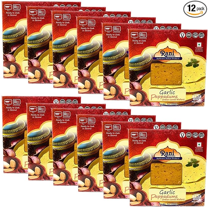 Rani Pappadums (Indian Lentil Wafer Snack) Garlic Papad 7oz (200g) Approximately 15pc, 7 inches
