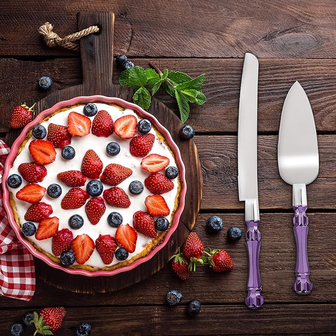 Purple Wedding Cake Knife and Server Set, Cake Cutter and Spatula, Acrylic Handle Set with 1.2mm