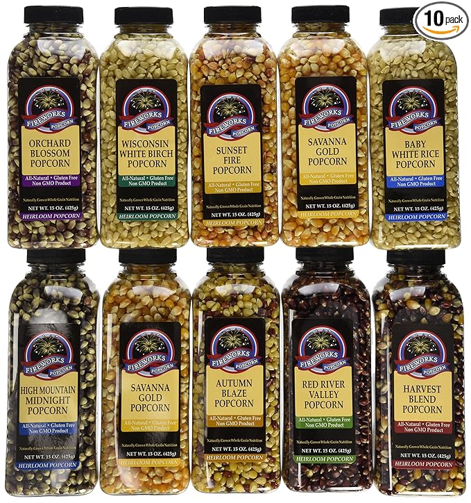 Fireworks Organic Popcorn Kernels - Assorted Gourmet Heirloom Variety Pack ??10 Bottles (15 oz