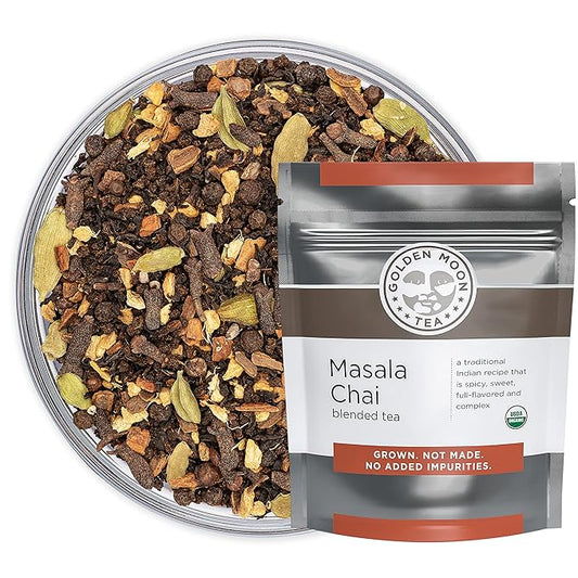 Golden Moon Tea Organic Masala Chai Black Tea - Pure & Authentic Blend - Loose Leaf, Non-GMO - Half