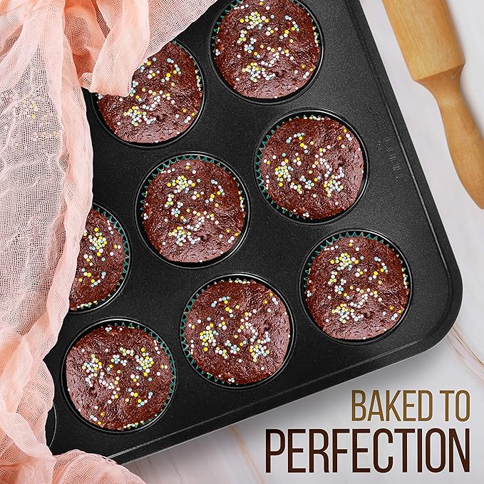 NutriChef Stackable Non-Stick Baking Pan Set – Carbon Steel Bakeware Set w/ Cookie Sheet, Muffin &