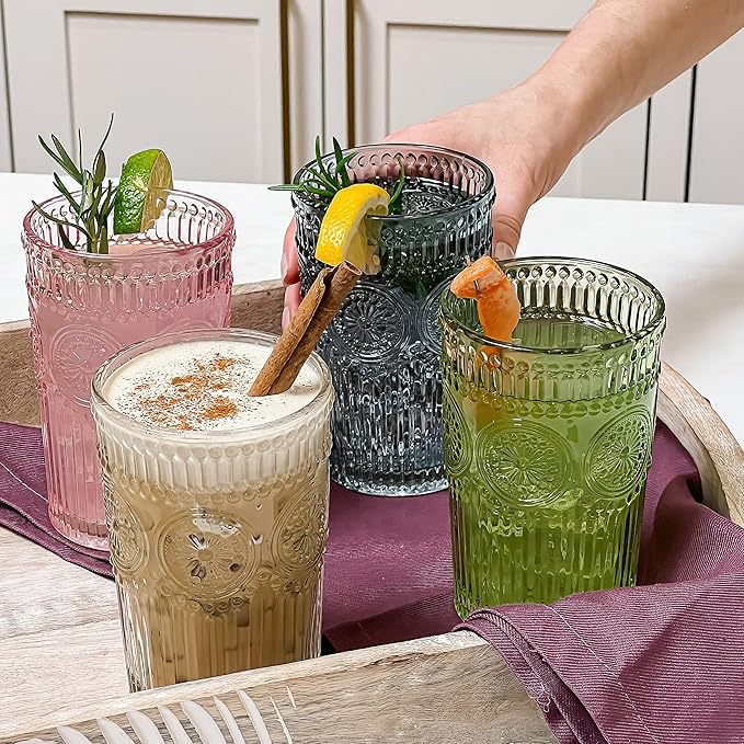 Kate Aspen Vintage Textured Clear Striped Drinking Glasses Set of 6, (13 oz) Ribbed Glassware Set